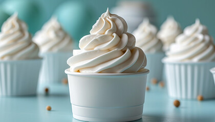 Delicate swirls of soft-serve ice cream stand out in white cups against a turquoise backdrop with scattered toppings.