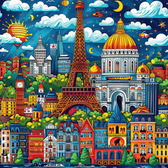 Obraz premium Travel themed collage origami colorful pop art line art scrapbook moodboard seamless repeat pattern, Europe, USA, world 