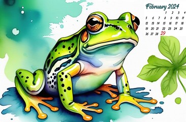 Leap day, 29 February 2024 illustration with Green Frog, calendar with date 29 February. Leap year, one extra day, Happy Leap Day greeting card.
