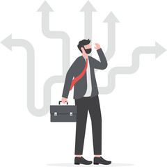 Businessman Decision Which Way with arrows pointing to many directions. vector illustration.

