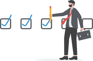 businessman pencil-categorized sticky notes work on completed checkbox to reach goal finished checklist, project progression progress to target concept vector

