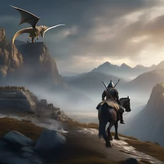 Foto op Canvas Epic dragon hunt, Fearless hunters tracking down a legendary dragon amidst rugged terrain and ancient ruins5 © Ai.Art.Creations