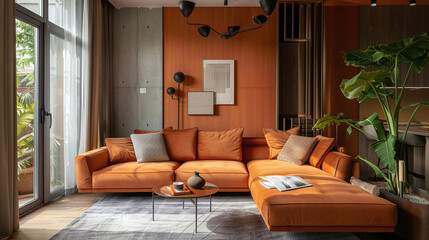 The interior is decorated with orange furniture to control the tone in the living room. Ai generate.