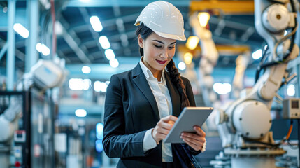 Confident female engineer using a tablet in an industrial manufacturing plant