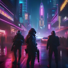 Cyberpunk heist, High-tech criminals executing a daring heist in a futuristic cityscape amidst neon lights and bustling crowds5