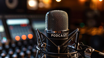 Close-up of a professional microphone with 'PODCAST' label in a studio setting