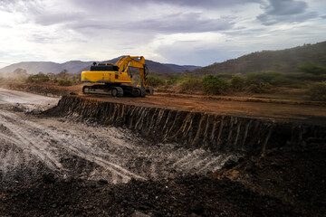 Fototapeta premium construction machines at works, dozer, roller machine, excavator, crawler rock drill machine, trucks, GPS grader