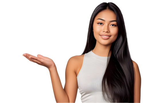 Young Filipina with long black hair in studio showing a copy space on a palm and holding another hand on waist, white background