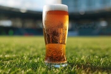 Glass of fresh and cold beer on soccer, American football, rugby stadium background
