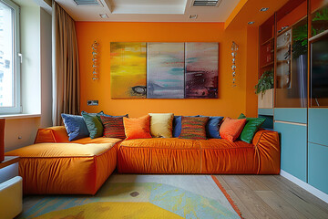 The interior is decorated with orange furniture to control the tone in the living room. Ai generate.