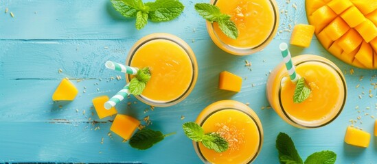 three glasses of mango smoothie with straws and mint leaves on a blue wooden table . High quality