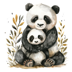 print, cute watercolor hand-painted panda with baby panda in boho colors isolated