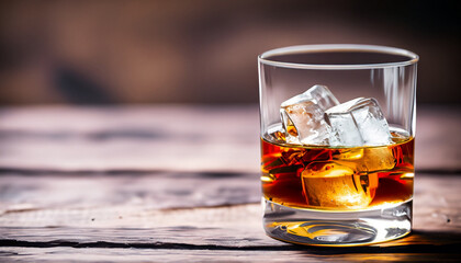 glass of whiskey with ice on a wooden table. Cognac, brandy.