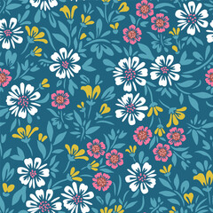 Fototapeta na wymiar Floral pattern of white, pink and yellow flowers and green leaves on a dark green background.