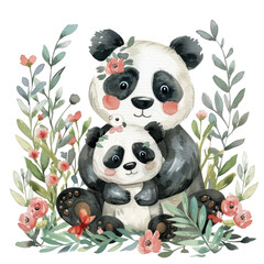 print, cute watercolor hand-painted panda with baby panda in boho colors isolated