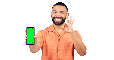 Happy man, portrait or ok sign with phone, green screen or success on a transparent PNG background. Isolated male person showing mobile smartphone or chromakey display with like emoji or okay gesture