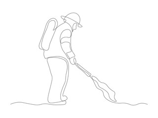 Abstract firefighter, extinguishes the fire,continuous one line art hand drawing sketch