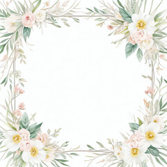 Fototapeta premium flower frame vintage with border line, isolated on white background, 2d flat graphic illustration design, greeting cards, celebration empty mock up frame 