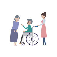 笑顔の老夫婦と介護士と車椅子