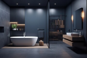 Fototapeta na wymiar bathroom room ideas, including bathtub, glass, towels, shower, shelf table which are simple and minimalist but still give the impression of being clean and elegant.