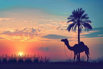 Silhouette camel with palm tree, illustration of Islamic background and sunset