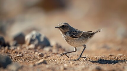 Fototapeta premium a small brown and white bird standing on top of a dirt and grass covered ground with rocks in the background.