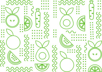 Line geometric mosaic seamless pattern illustration. Organic fruit vegetable geometric pattern. Natural food background creative simple bauhaus style, agriculture vector design. Healthy Food pattern