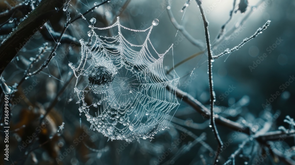Wall mural a spider web covered in dew sits on a tree branch in front of a blurry background of leaves and bran