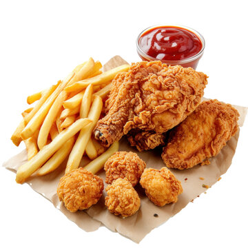 Photo fried chicken with french fries and nuggets meal, Food Styling ,5 aspect on transparency background PNG