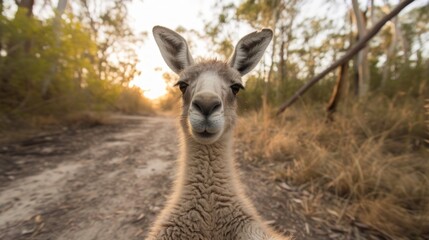 Fototapeta premium a close up of a llama's face on a dirt road with trees and bushes in the background.