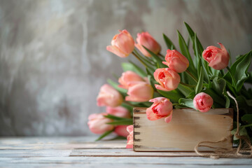 Bouquet of Pink Tulips in Rustic Wooden Box. A charming bouquet of pink tulips presented in a rustic wooden box on a white distressed wooden surface, evoking a warm, springtime feel.