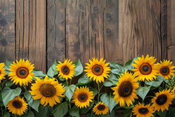 Bright Sunflowers on Dark Wooden Rustic Background. A cheerful row of vibrant sunflowers lined up against a dark rustic wooden backdrop, bringing a touch of summer indoors.