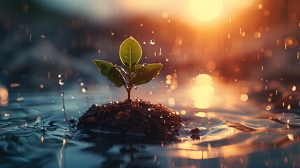 a small plant sprouts out of the water in front of a setting sun with droplets of water on the surface.
