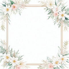 Fototapeta premium flower frame vintage with border line, isolated on white background, 2d flat graphic illustration design, greeting cards, celebration empty mock up frame 