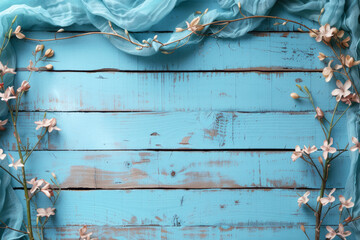 Fototapeta premium Spring Flowers and Soft Fabric on Wooden Surface, Gentle spring flowers alongside soft, flowing fabric on a rustic blue wooden surface, embodying a serene, artistic vibe.