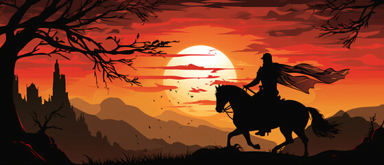 Vector silhouette of a medieval knight on horse.