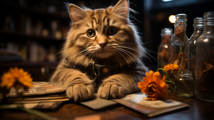 Un chat curieux explore une bibliothèque, découvrant des mondes entre les pages et des aventures dans chaque livre. - obrazy, fototapety, plakaty