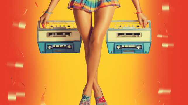 Vertical creative poster: Young woman legs in music.