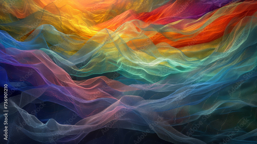 Poster a dreamlike landscape of iridescent threads undulating and merging in an enchanting display of shift