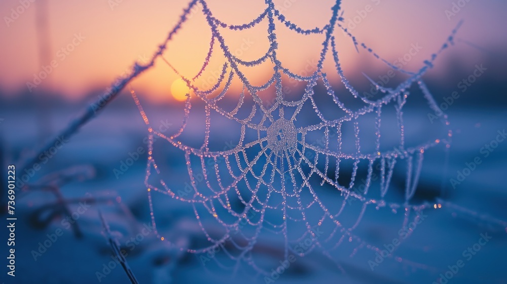Wall mural a close up of a spider web with the sun setting in the back ground in the distance in the background