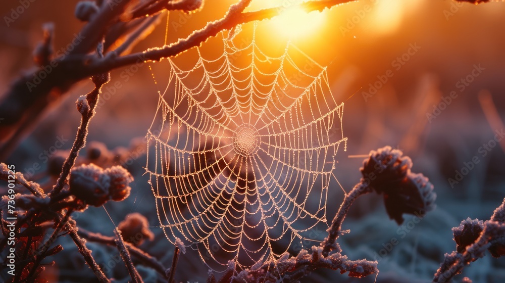 Wall mural a close up of a spider web on a tree branch with the sun setting in the distance in the background.