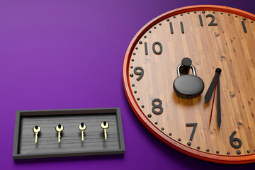 3d illustration of clock and wooden box with keys over purple background. Time limited. Four Golden...