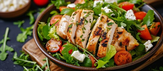 A staple food salad made with leaf vegetables like lettuce, topped with ingredients such as chicken, tomatoes, and feta cheese for a delicious and nutritious meal