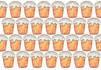 Easter cupcakes pattern. Watercolor drawing. Cupcakes are covered with white icing and colorful sprinkles. Watercolor blur. Black outline. White background. Elements are regularly repeated.
