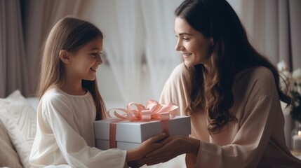 Obraz na płótnie Canvas Joyful surprise: child daughter gifts mom on mother's day
