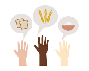 Fototapeta premium Food crisis, poverty and world famine concept. People sharing food through charity vector illustration. 