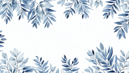 Watercolor blue flowers and leaves frame isolated on white background
