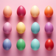 Easter eggs of different colors lie in straight rows on a pink background, top view. flat layout. Easter concept.