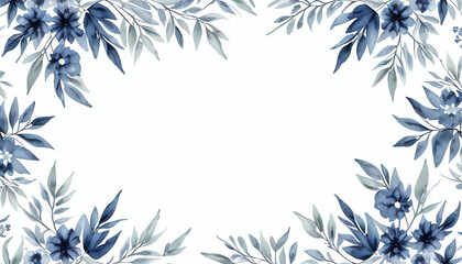 Watercolor blue flowers and leaves frame isolated on white background

