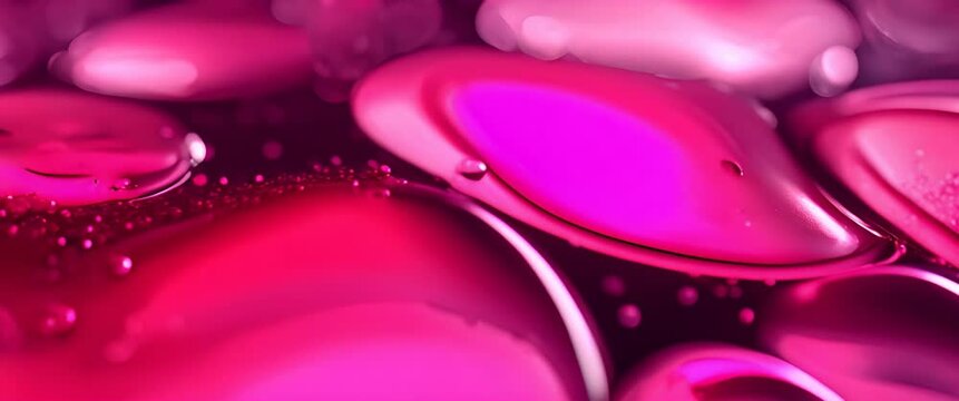 Fantastic Abstract Pink Liquid With Small Beautiful Acrylic Bubbles And Oil Drops Floating On The Surface.